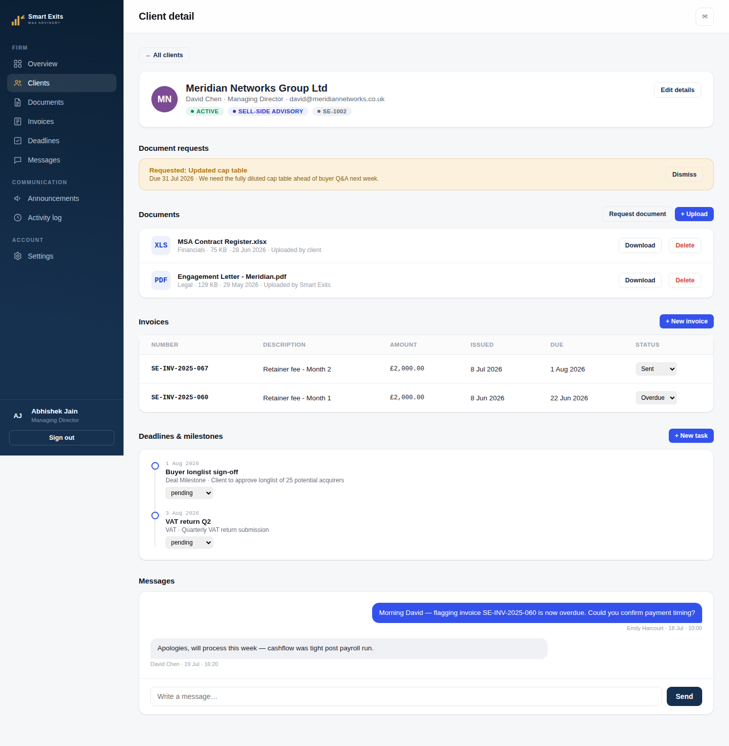 A client portal built during the Claude Masterclass, showing document requests, invoices, and messaging for a real client