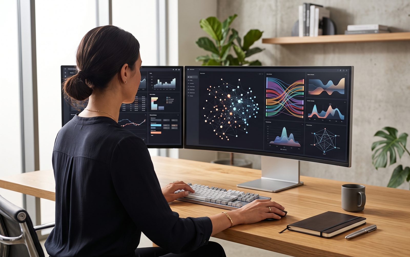 A finance professional working across AI-powered dashboards